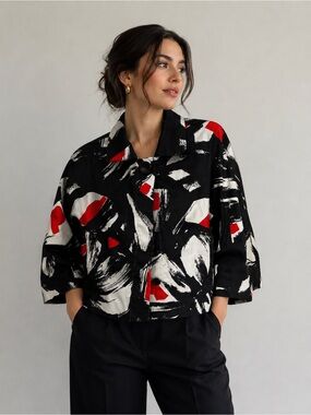 OrigPrice $118 - LauDrew Black, White & Red Abstract Cropped Blazer